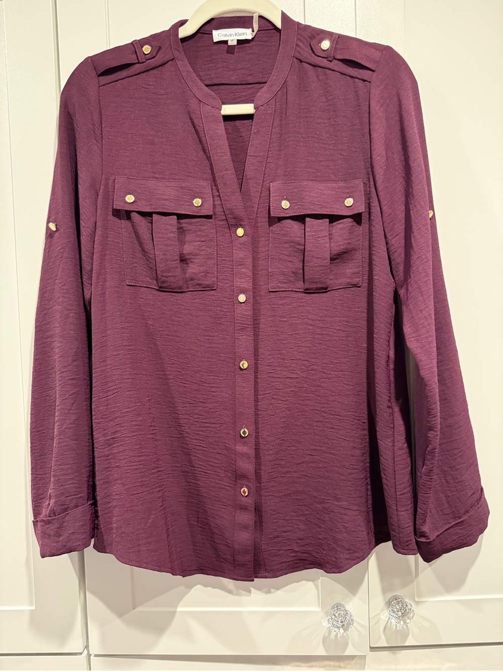Calvin Klein Plum Button-Front Gold Button Blouse